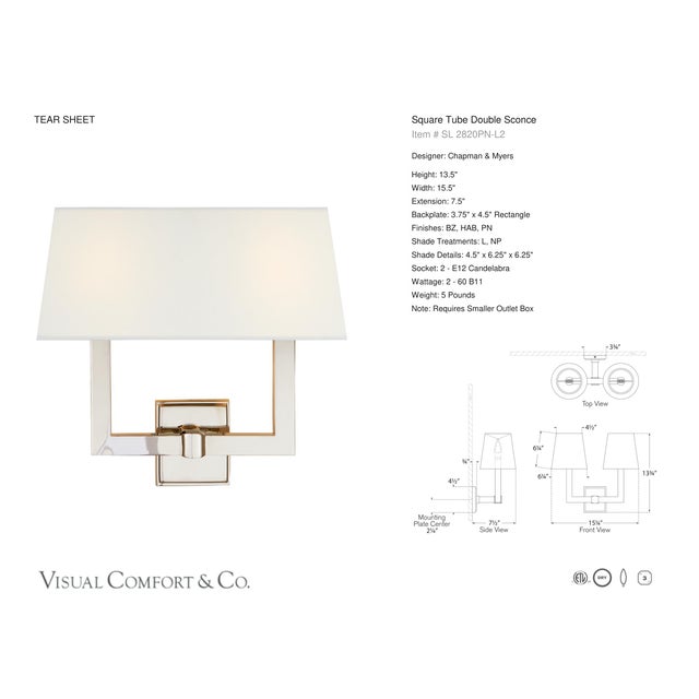 Modern Chapman & Myers for Visual Comfort Signature Square Tube Double Sconce in Polished Nickel with Linen Shade For Sale - Image 3 of 5