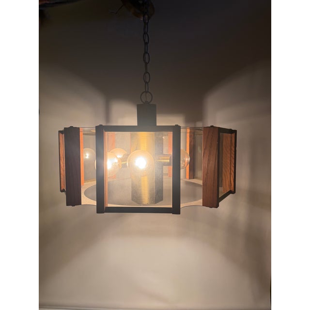 Fredrick Ramond 1970s Fredrick Ramond Hexagonal Brass Oak Wood Smoke Glass Chandelier For Sale - Image 4 of 11