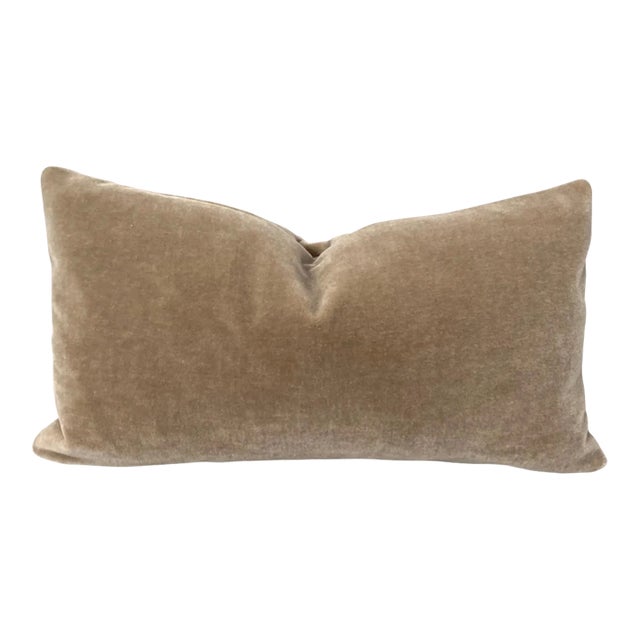 Plush Tan Camel Down Filled Lumbar Mohair Pillow For Sale