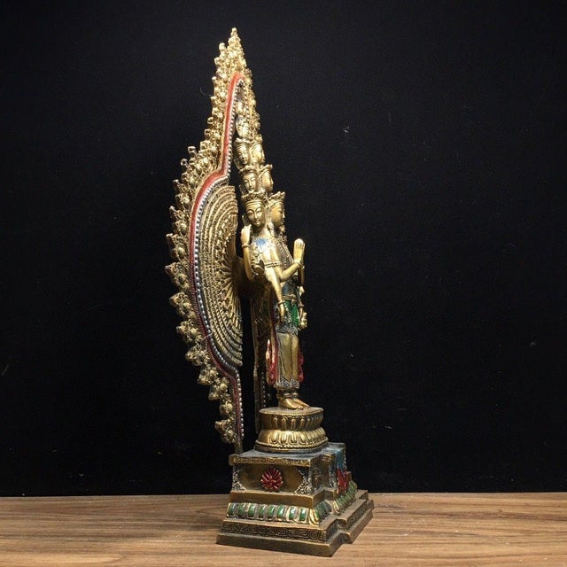 Vintage Gilt Bronze Thousand-Hand Guanyin Figure – Painted Buddhist Statue For Sale - Image 4 of 9