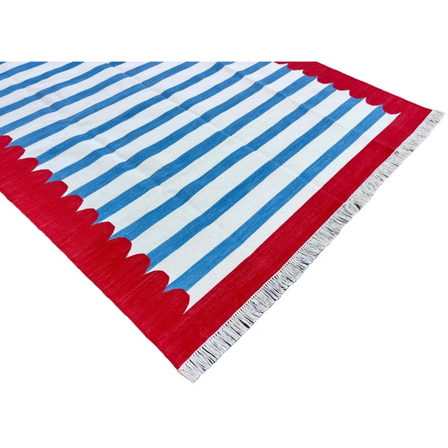 Not Yet Made - Made To Order Handmade Cotton Area Rug, Blue and White Striped Scalloped Rug With Red Border - 6'x9' For Sale - Image 5 of 13