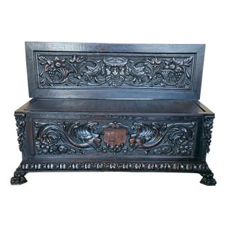19th Spanish Baroque Carved Large Hall Bench With Storage For Sale