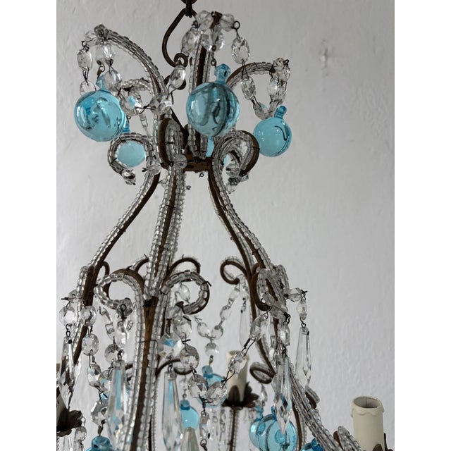 Late 19th Century French French Aqua Blue Murano Balls Beaded Swags W Spear Chandelier, Circa 1900 For Sale - Image 5 of 13