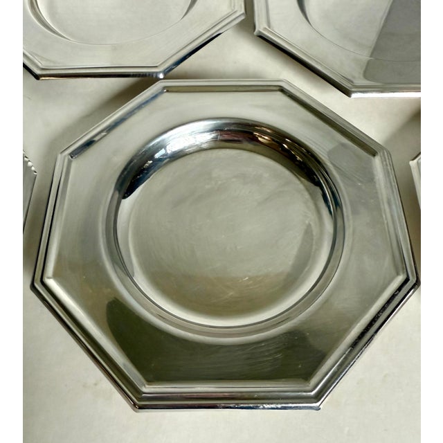 Art Deco Mid 20th Century Set of 6 Jean Couzon French Silver Plated Octagonal Plates For Sale - Image 3 of 6