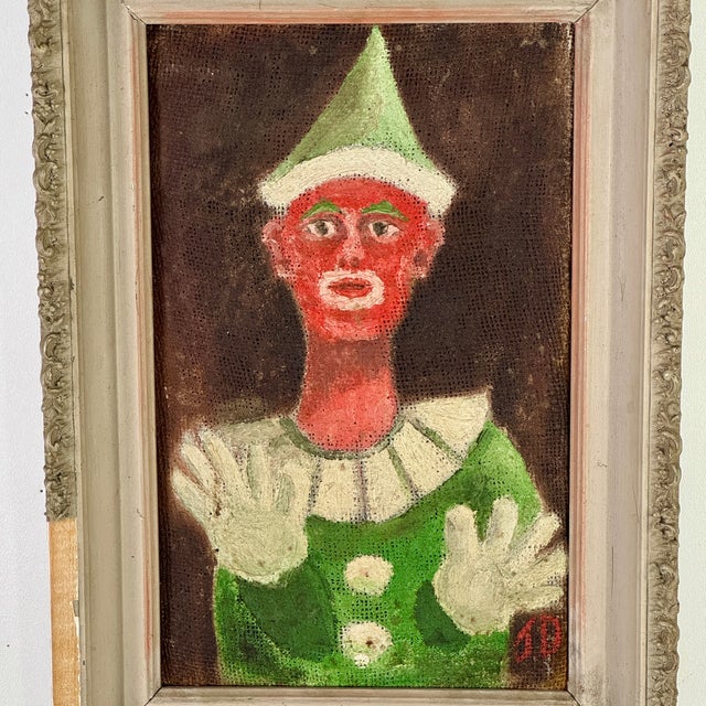 Folk Art Vintage Folk Art Oil on Woven Fabric Painting of Red Faced Circus Clown in Green Suit, Signed J D For Sale - Image 3 of 10