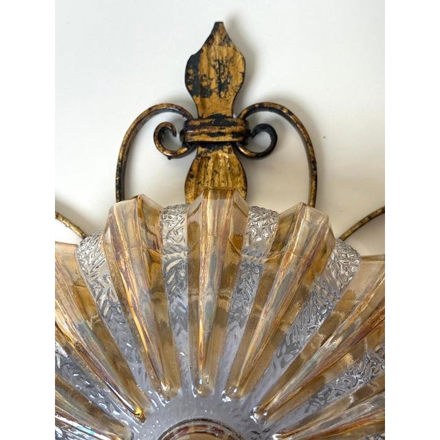German Gilt Wrought Iron and Textured Glass Flush Mount, 1970s For Sale - Image 10 of 13