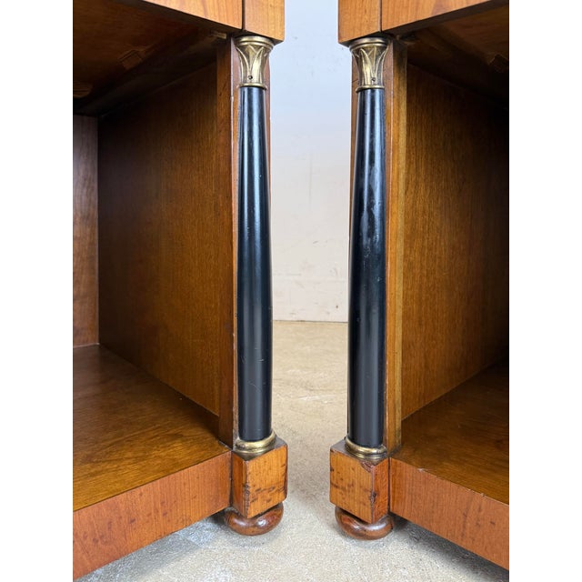 1960s A Pair of Baker Furniture French Empire Neoclassical Cherry, Brass & Ebonized Wood Nightstands, Circa 1960s For Sale - Image 5 of 12