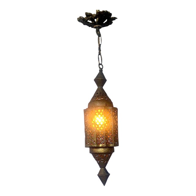 1920s Moroccan Chandelier Ceiling Flush Mount Brass Hanging Light, Art Deco Motifs For Sale