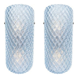 Italian Mid-Century Light Blue Rhombus Murano Glass Wall Sconces Set of 2 For Sale