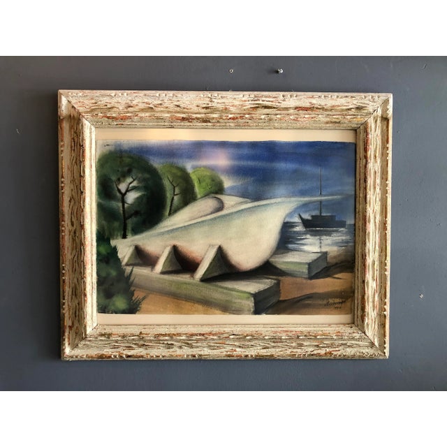 Available for sale: Vintage Wpa Pastel Painting of a Ship Signed and dated 1950. Completed with a great carved wood...