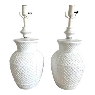 Metal Basket Weave White Table Lamps - a Pair For Sale