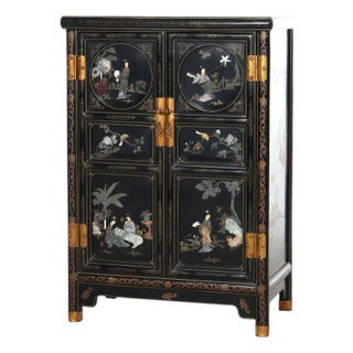 Early 20th Century Chinese Ebonized & Gilt Credenza With Figural & Floral Soap Stone Inlay 20thC For Sale