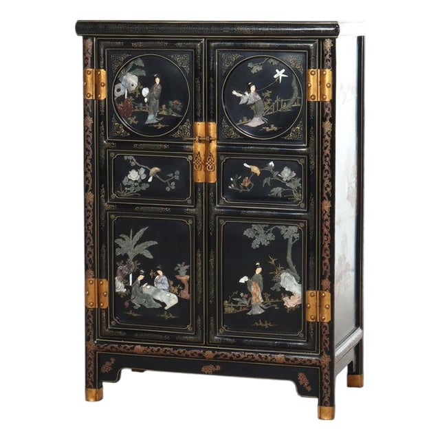 Early 20th Century Chinese Ebonized & Gilt Credenza With Figural & Floral Soap Stone Inlay 20thC For Sale