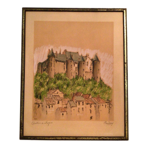 Framed Signed Colored Lithograph Château De Luynes, Located in the Indre-Et-Loire Department in France by Barday