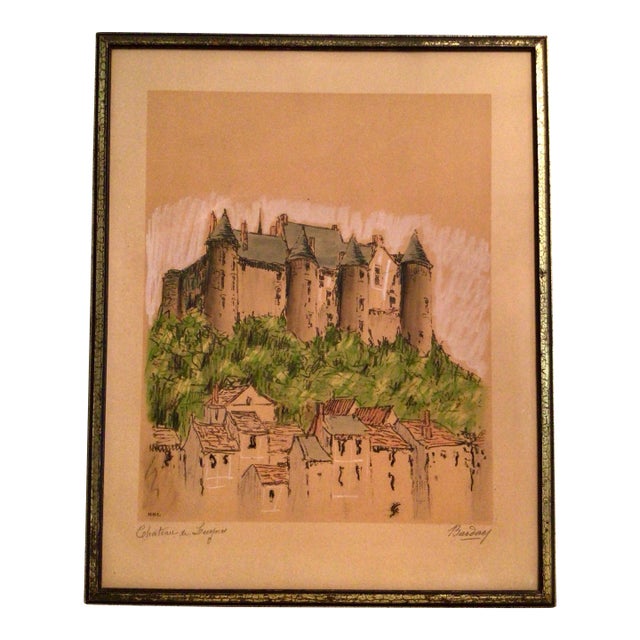 Lithograph Château De Luynes, Located in the Indre-Et-Loire Department in France by Barday Framed Signed Hand Colored For Sale