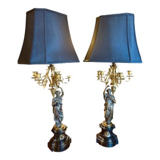 Pair French Neoclassical Bronze, Dor'e Bronze & Belgique Noir Candelabra, Electrified, Ca. 1870 For Sale