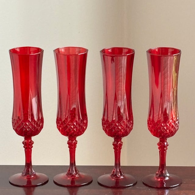 French Cristal d'Arques Ruby Red Cut Crystal Champagne Flutes -- Set of 4 For Sale - Image 15 of 17