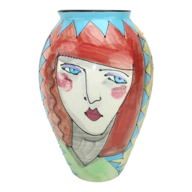Denise Ford Portrait Decorated Ceramic Faces Vase, 1980's For Sale