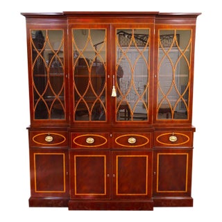 1990s Kindel Masterworks Winterthur Mahogany Inlaid Bookcase Cabinet Breakfront For Sale
