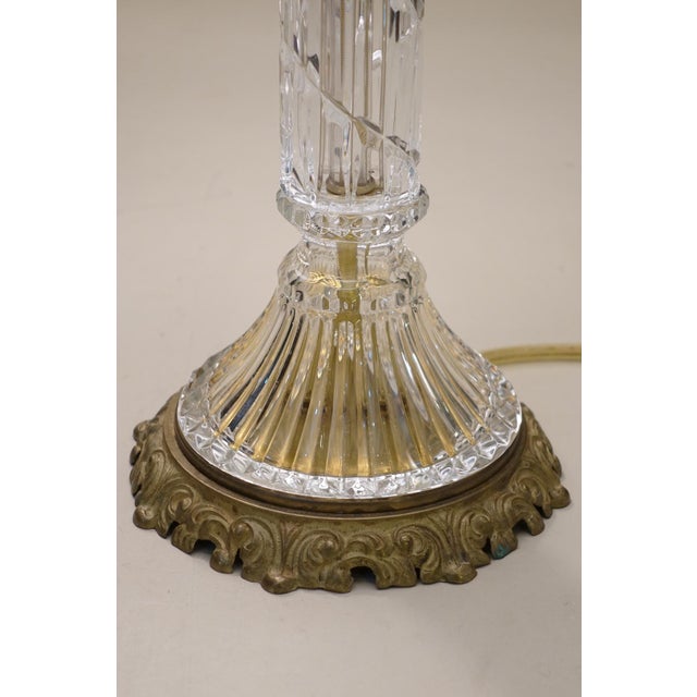 Large Matched Pair Waterford Crystal French Empire Corinthian Column Brass Table Lamps 1960's For Sale - Image 9 of 13