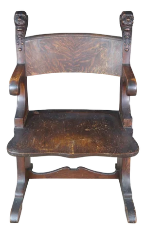 Antique Victorian Renaissance Revival Oak Library Hall Figural Arm Throne Chair
