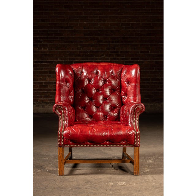 Traditional Vintage Leather Chesterfield Wingback Chair With Ottoman in Red by Ethan Allen For Sale - Image 3 of 13