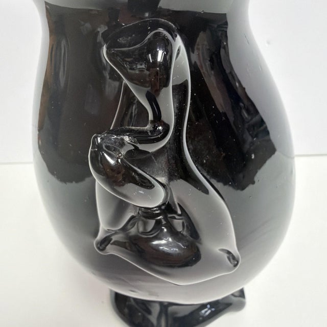 1960s Hand Blown Black Art Glass Double Handled Vase 9 Tall Pontil Mark Unsigned For Sale - Image 9 of 11