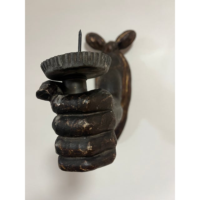 Art Nouveau Antique Hand Carved Wooden Powerful Fists Wall Candle Sconces Salvaged Architecture For Sale - Image 3 of 18