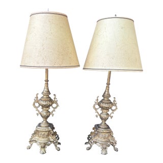 1960s Italian Ornate Brass Plated Table Lamps With Cream Silk Shades - A Pair For Sale