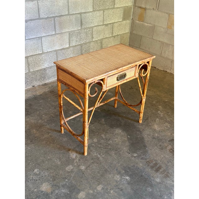 Bloomingdale's 1970s British Colonial Style Burnt Bamboo, Cane, and Rattan Desk or Console For Sale - Image 4 of 12