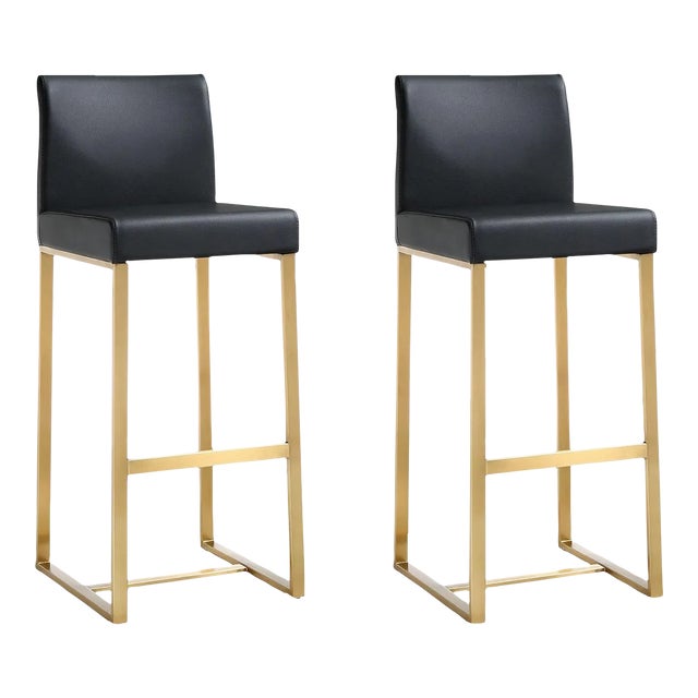 Denmark Black Vegan Leather & Gold Steel Bar Stools - Set of 2 For Sale