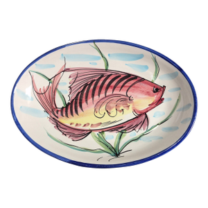 Late 20th Century Coastal Italian Hand Painted Pottery Aurora Fish Oval Platter Wall Hanging 16''