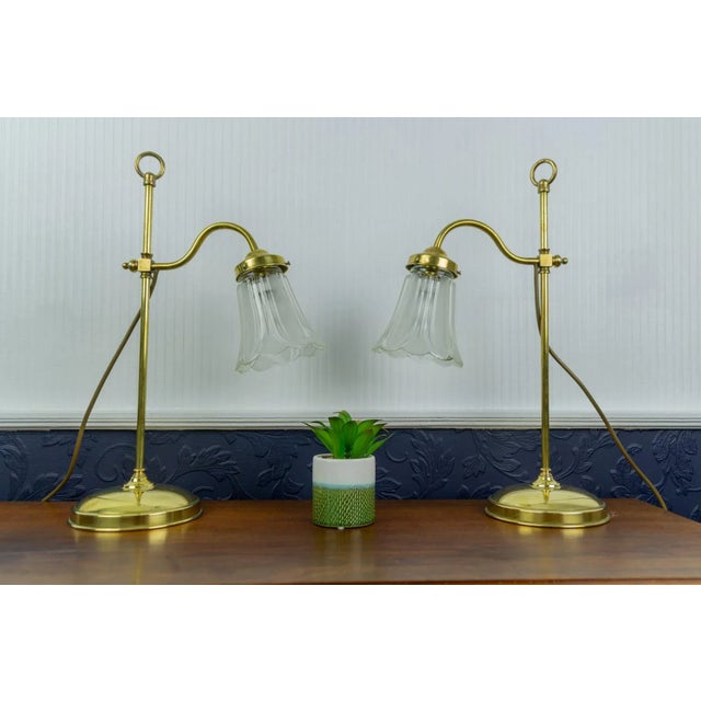 Metal Vintage Brass & Frosted Glass Table Lamps, Set of 2 For Sale - Image 7 of 15