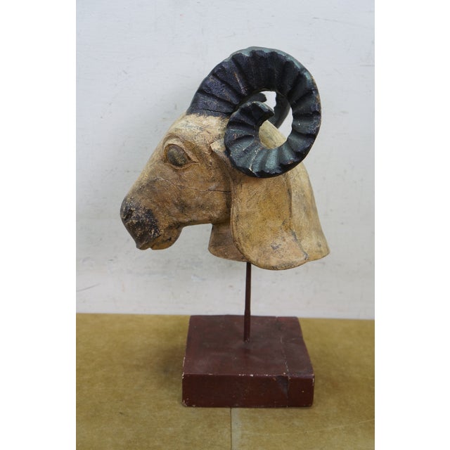 Vintage Indo Persian Carved Wood Ram Head Bust Sculpture on Stand 18" For Sale - Image 4 of 16