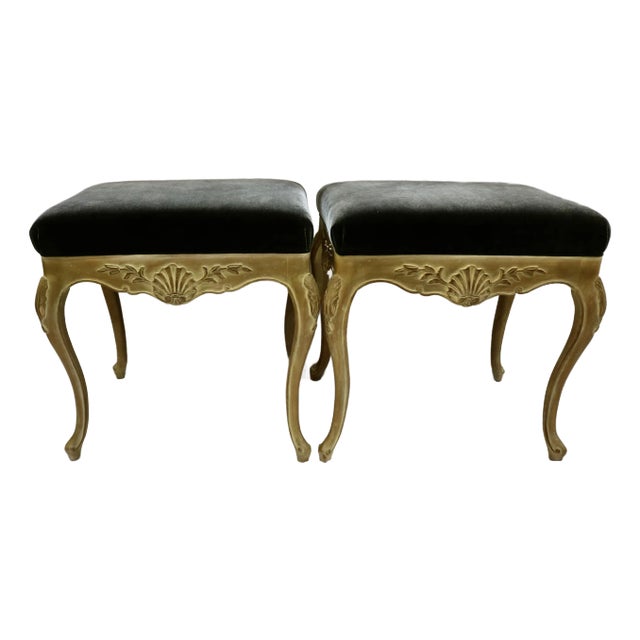 Mid 20th Century French Louis XV Bench Stool - Hand Carved Frame & Fern Green Silk Velvet Upholstered Seat Pair For Sale