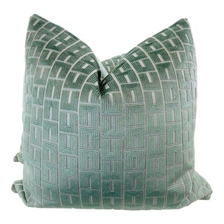 Geometric Cut Velvet in Sage 22" Pillows-A Pair For Sale