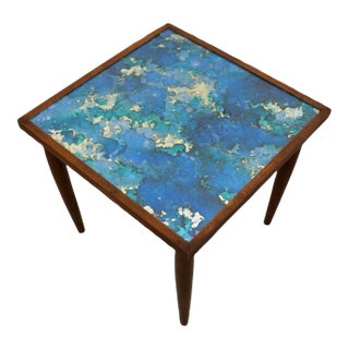 1960’s Mid-Century Modern Walnut & Foil Glass Side Table For Sale