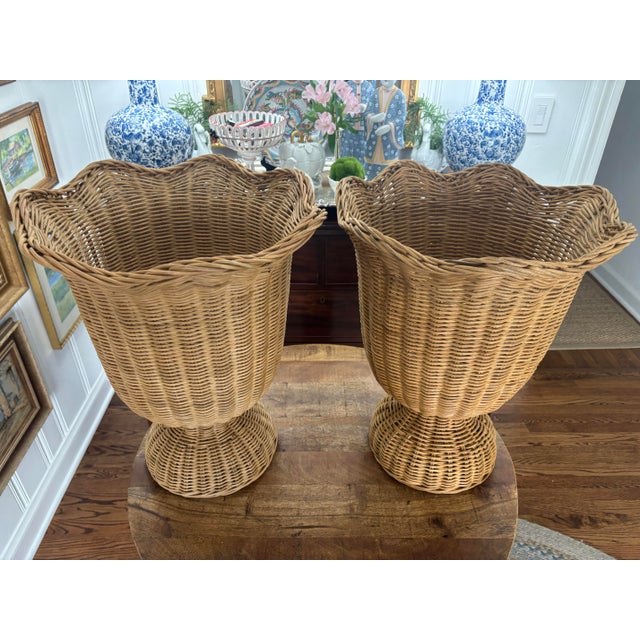 Grand Millennial Style Natural Wicker Footed and Scalloped Garden Urns- A Pair For Sale - Image 4 of 6