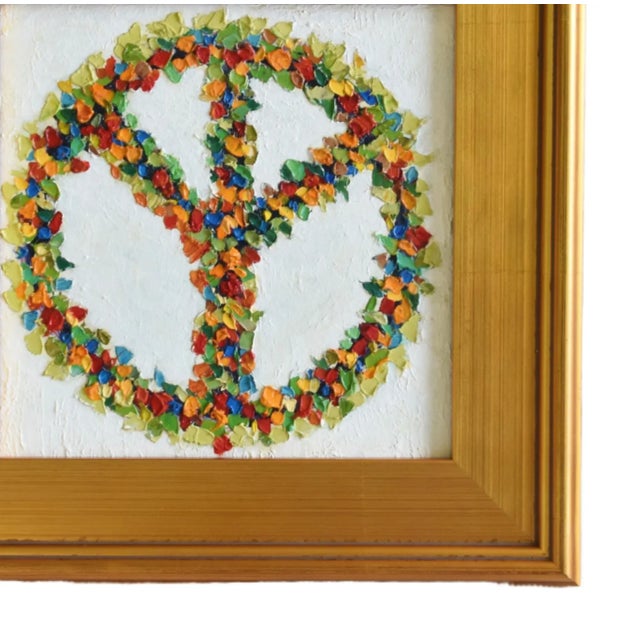 Original artist signed impressionist floral peace sign oil painting on artist board. Illegible artist's signature and...