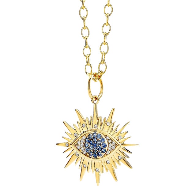 Syna Yellow Gold Evil Eye Pendant with Blue Sapphire and Diamonds For Sale
