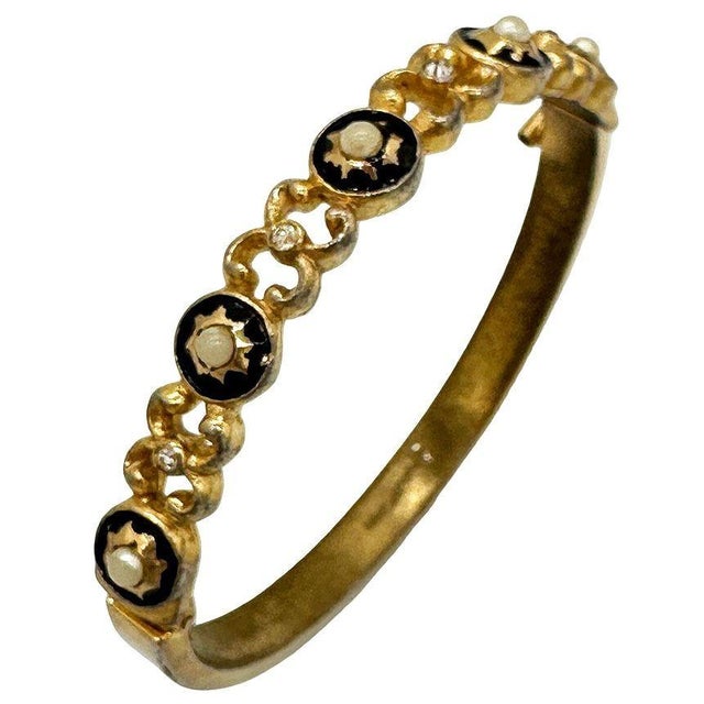 Mid-Century Modern 1960s Neo-Classic Hinged Bangle With Pearl & Jewels Signed CastleCliff For Sale - Image 3 of 5