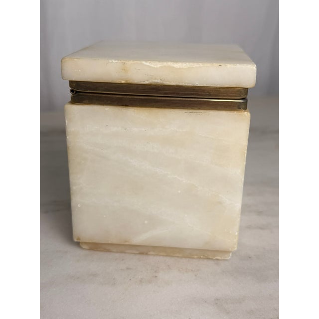 Mid 20th Century Vintage White Stone Alabaster Trinket Box With Brass Shell Clasp, Jewelry Box, Square Stone Hinged Casket, Hollywood Regency Vanity Decor For Sale - Image 5 of 12