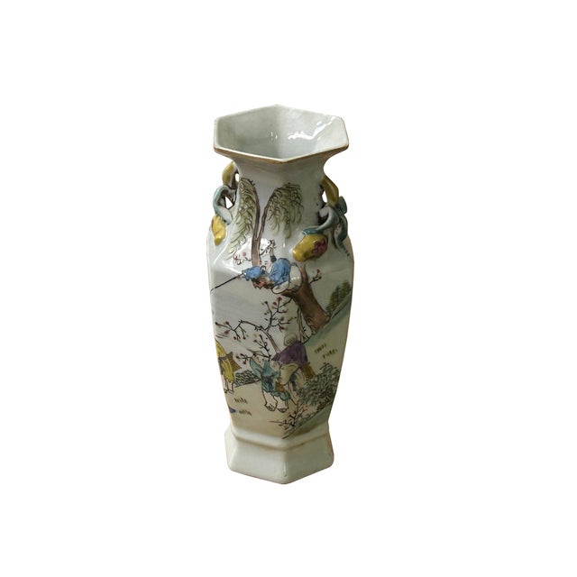 Chinese Scenery Graphic Hexagonal White Porcelain Art Vase 2 For Sale - Image 11 of 17
