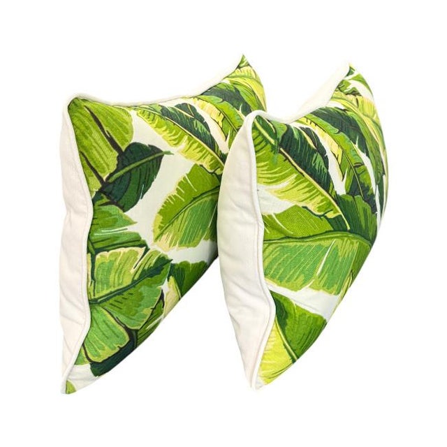 Hollywood Regency Pair of Tropical Banana Leaf Lumbar Pillows Indoor/Outdoor For Sale - Image 3 of 8