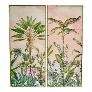 Large Faux Bamboo Framed Palm Beach Regency Mural Wall Panels - a Set of 2 For Sale