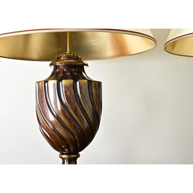 Neoclassical French Pair of Vintage Heavy Brass Urn Table Lamps For Sale - Image 3 of 12