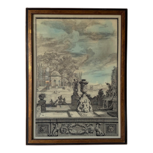 Vintage French Architectural Landscape Engraving, Framed