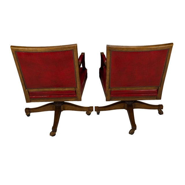 Wood Pair of 1980s Baker Furniture Rolling Executive Chairs in Carved Wood & Burgundy Vinyl Upholstery For Sale - Image 7 of 18