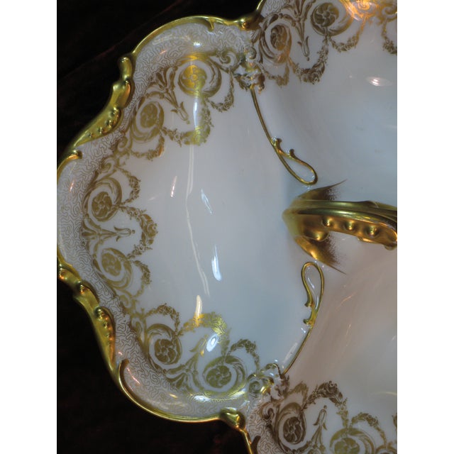 1900s Handled Serving Dish by JPL Pouyat Limoges, Hand-Painted Gold Porcelain For Sale - Image 10 of 12
