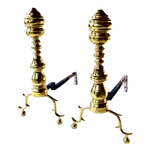 Pair of Early Victorian Fireplace Brass Andirons. American, Circa 1850